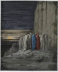 Purgatorio, chant 18 : La multitude des paresseux, illustration de la Divine Comédie de Dante Alighieri, 1885 (gravure colorisée numériquement)